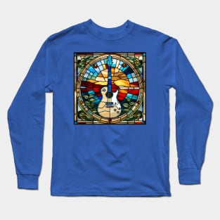 Blue Bordered Guitar Stained Glass Long Sleeve T-Shirt